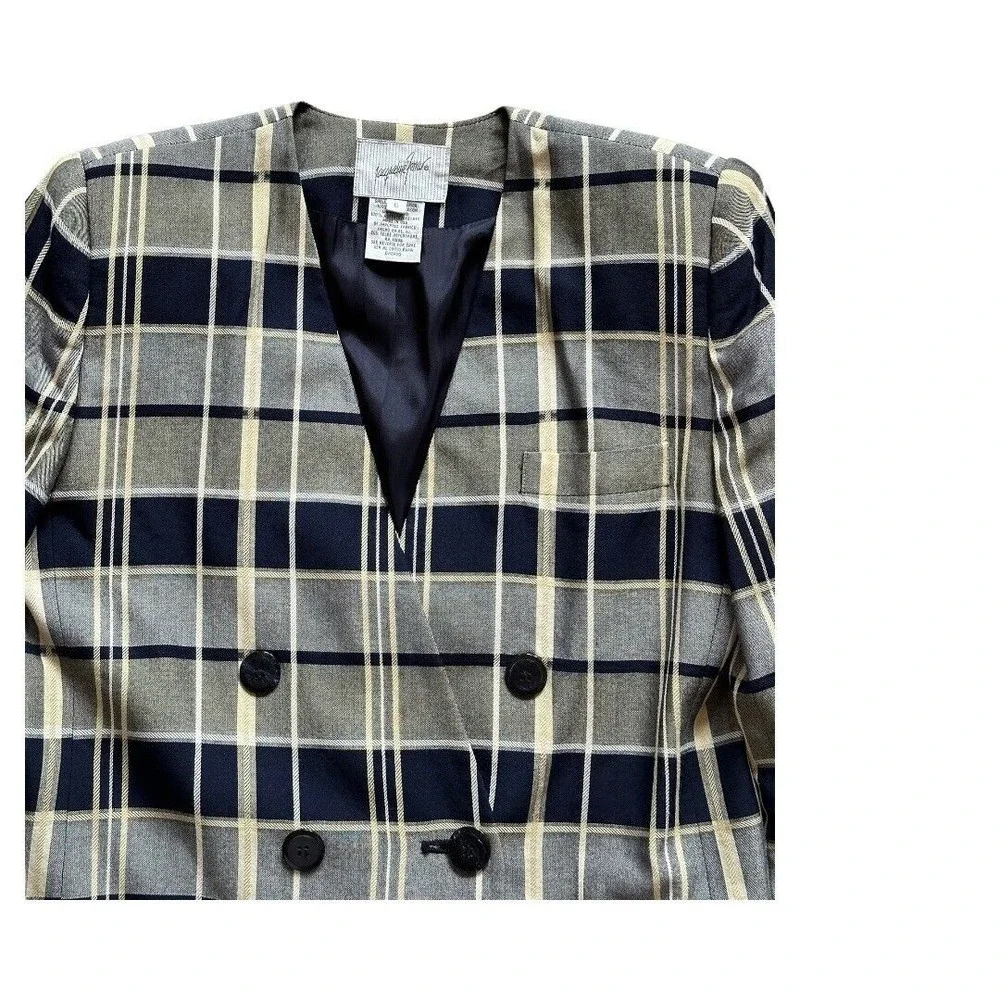 Jacquline ferrar Vintage 1980’s Rayon Navy/gray plaid Blazer jacket women’s Sz 6 - Picture 12 of 15
